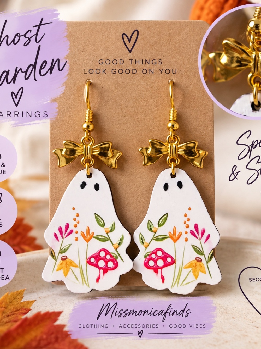 Ghost Mushroom Floral Bow Dangle Earrings Halloween Whimsical